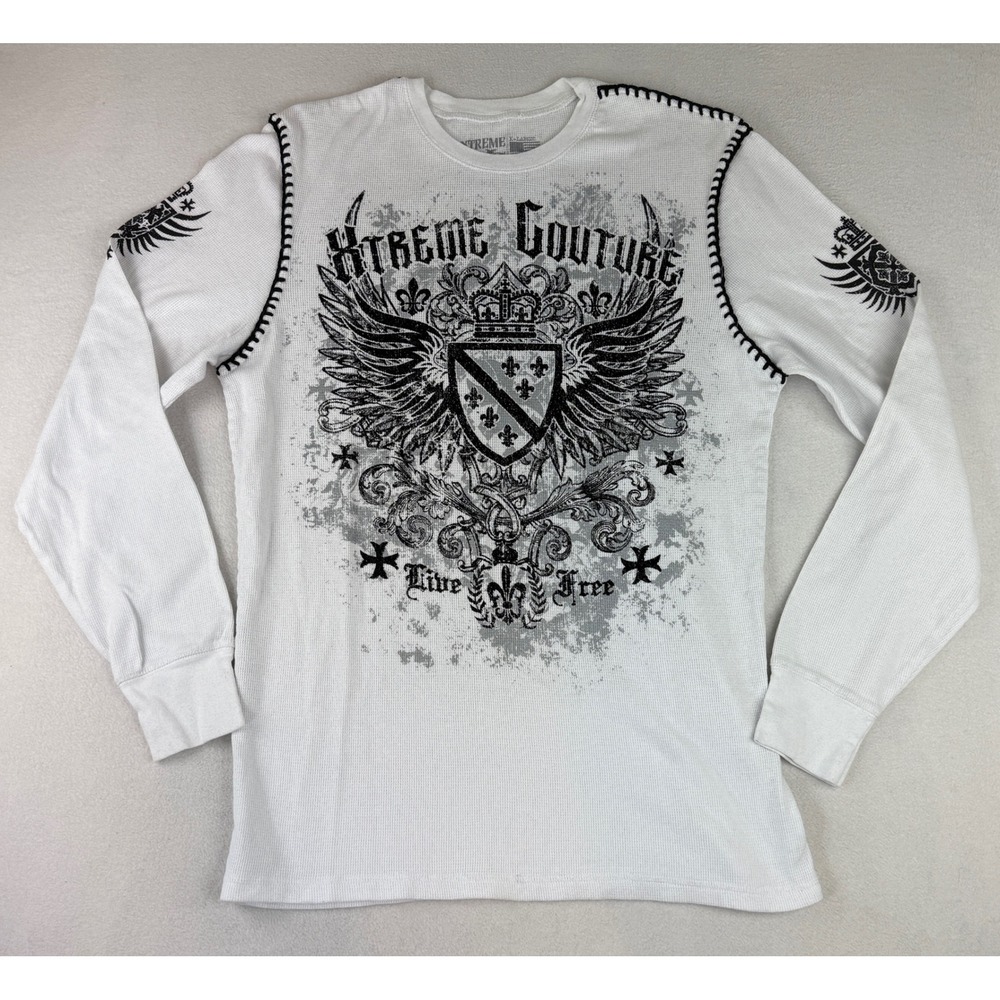 Xtreme Couture Thermal Shirt Mens XL White Graphic MMA Waffle Knit Whipstitch